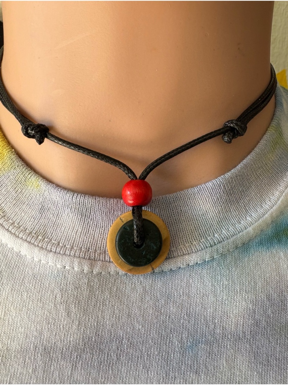 Handmade Black Cord Necklace with Red Bead and Brown-Green Pendant